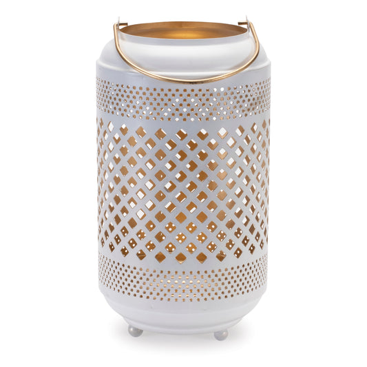 Lattice Punched Metal Lantern with Gold Accent