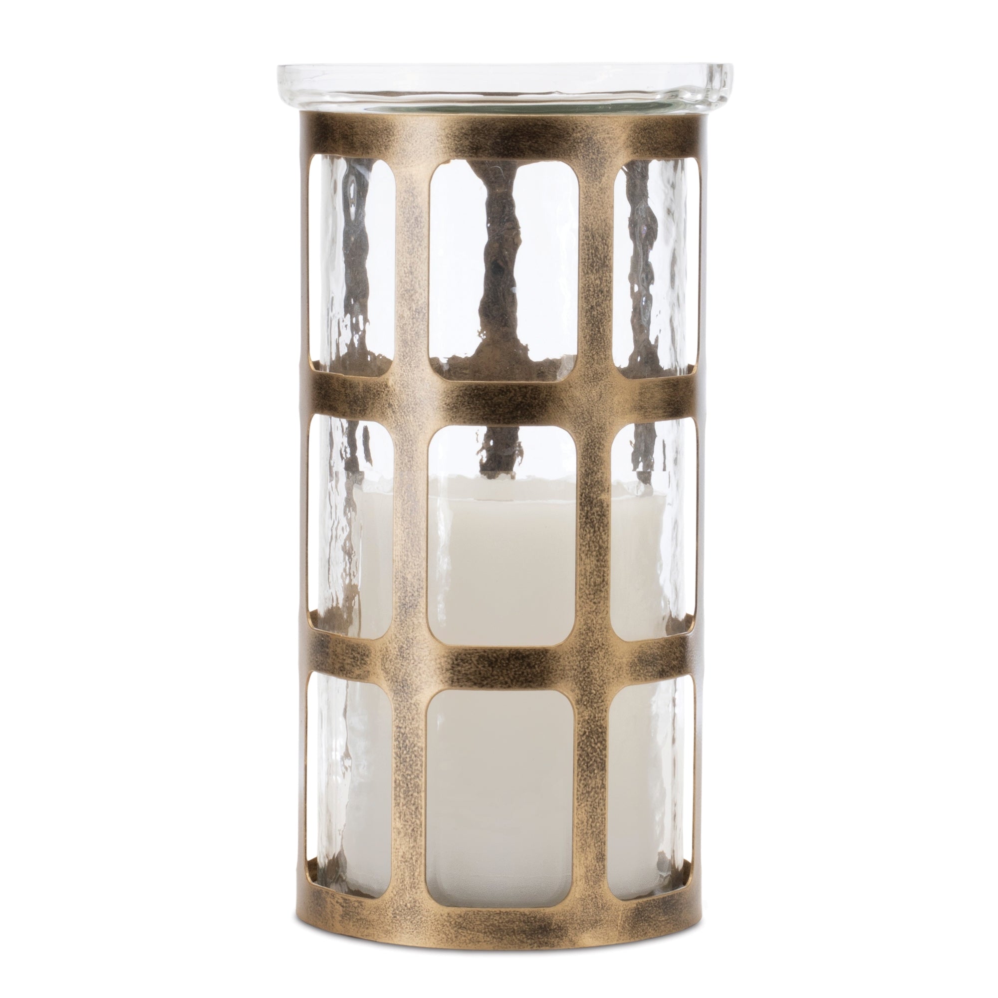 Wavy Glass Candle Holder with Distressed Metal Frame 10"H