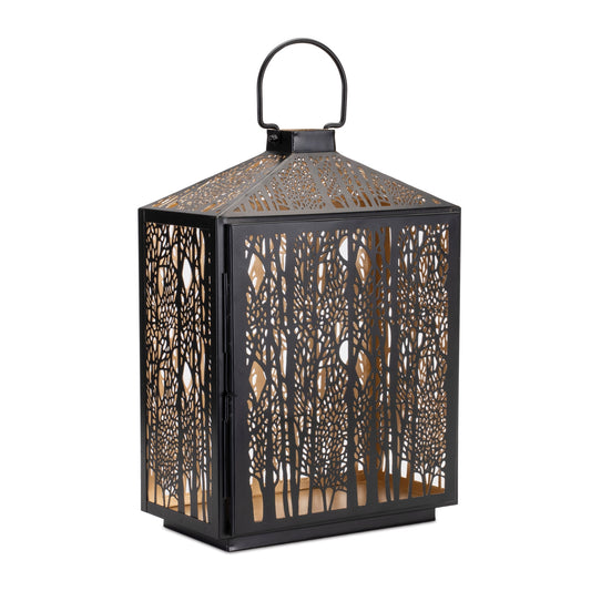 Forest Cut Metal Lantern with Gold Accent