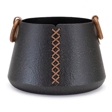 Iron Metal Vase with Leather Accents