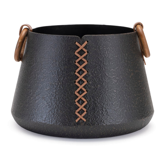 Iron Metal Vase with Leather Accents