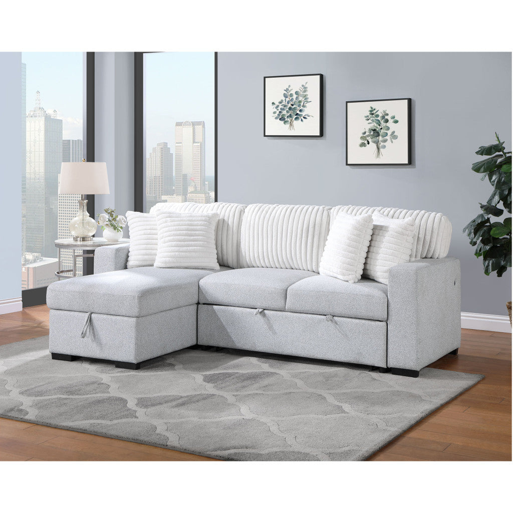 92" Gray And White Fabric Sleeper USB Sleeper Sofa With Toss Pillow
