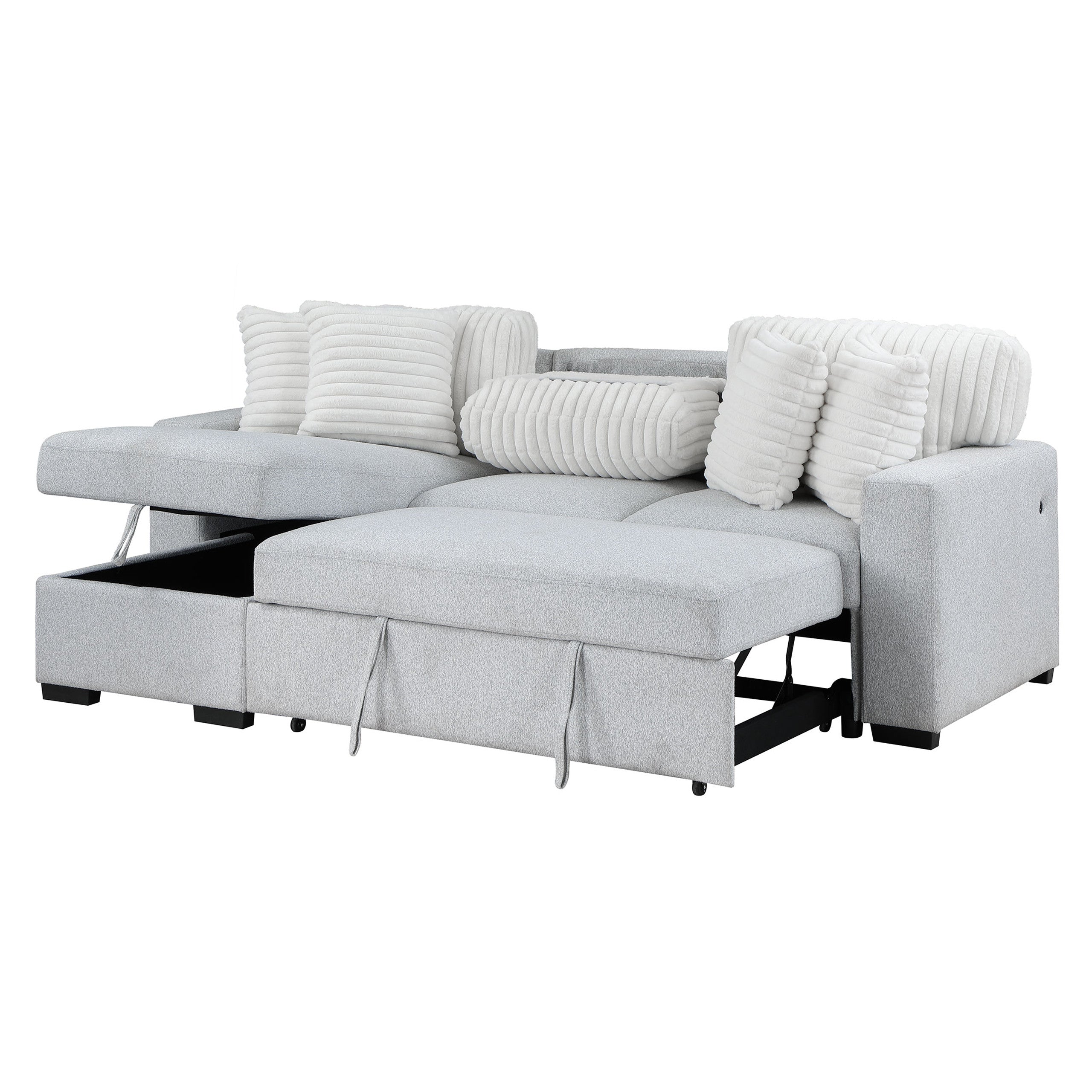 92" Gray And White Fabric Sleeper USB Sleeper Sofa With Toss Pillow