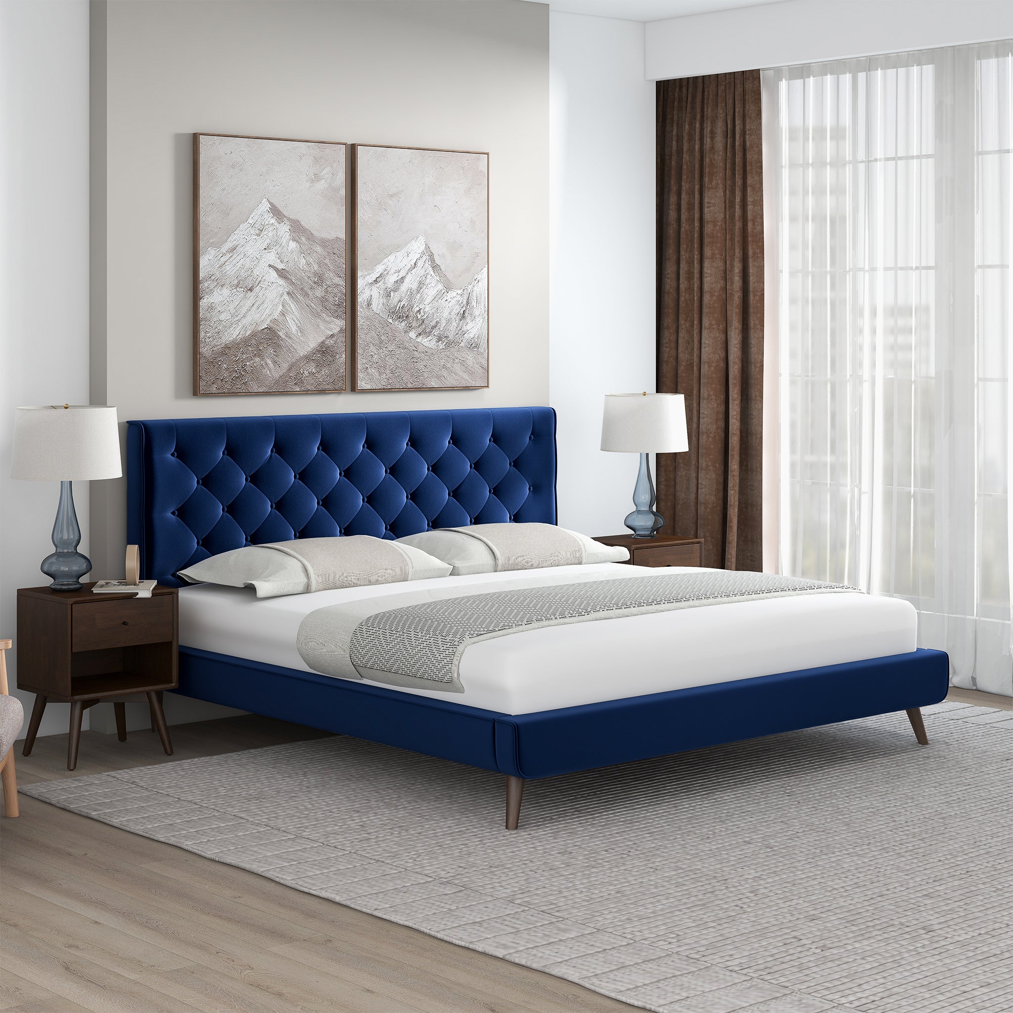 Dillon Blue Velvet Platform Bed King