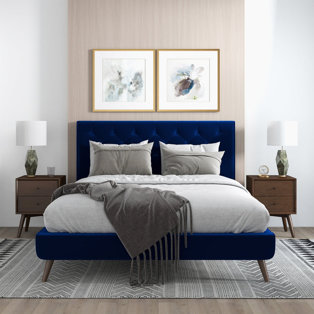 Dillon Blue Velvet Queen Platform Bed