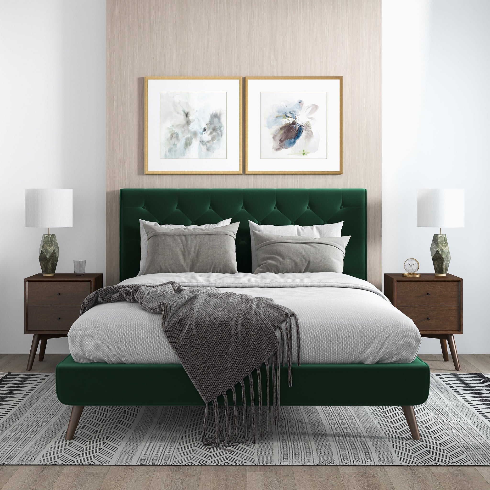 Dillon Dark Green Velvet Queen Platform Bed