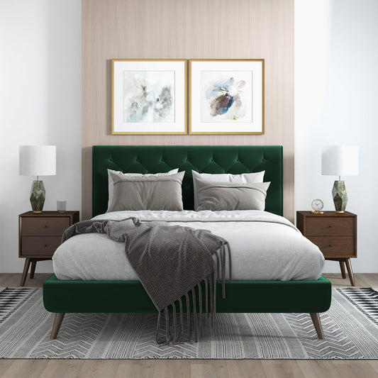 Dillon Dark Green Velvet Queen Platform Bed