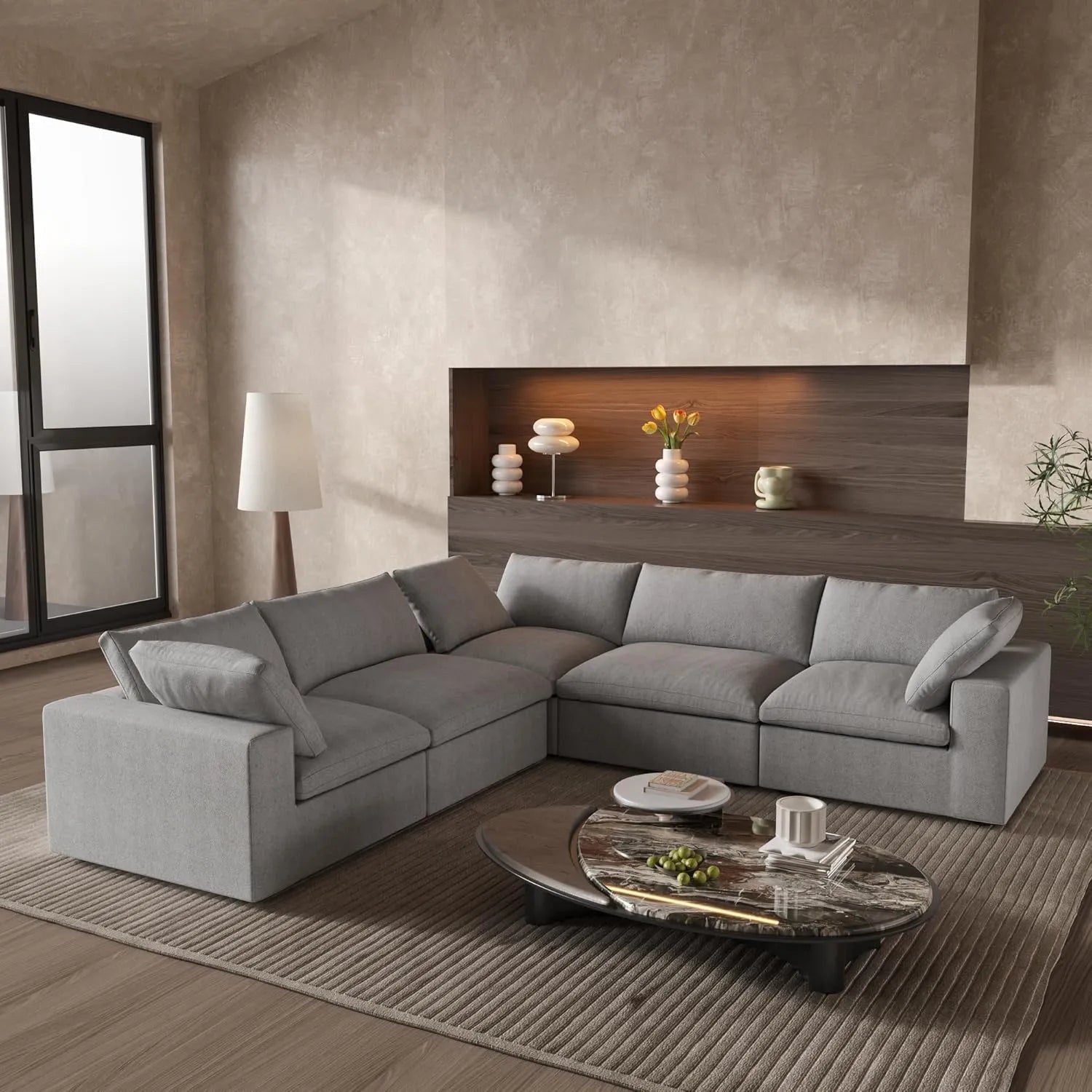 Light Gray Linen Blend Modular L Shaped Five Piece Corner Sectional