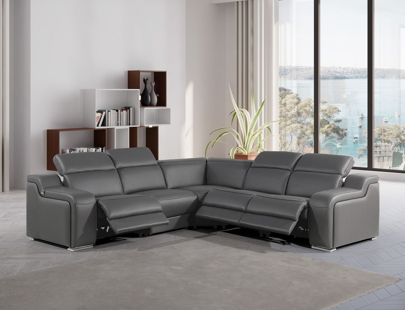 Gray Italian Leather Modular L Shaped Five Piece Corner Sectional