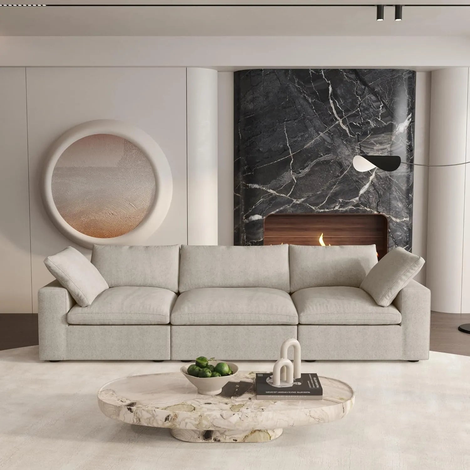Khaki Linen Blend Modular Rectangular Three Piece Sectional