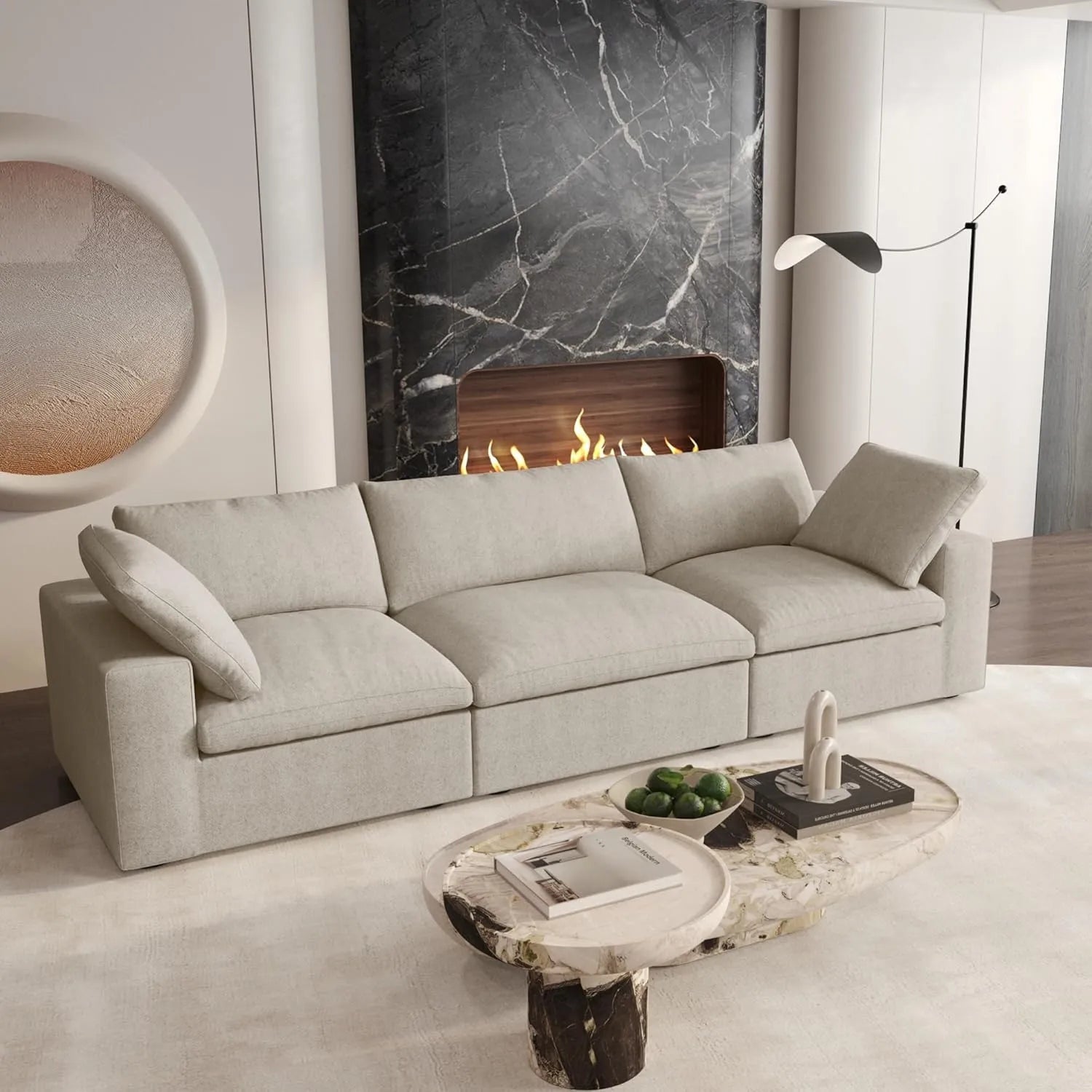 Khaki Linen Blend Modular Rectangular Three Piece Sectional