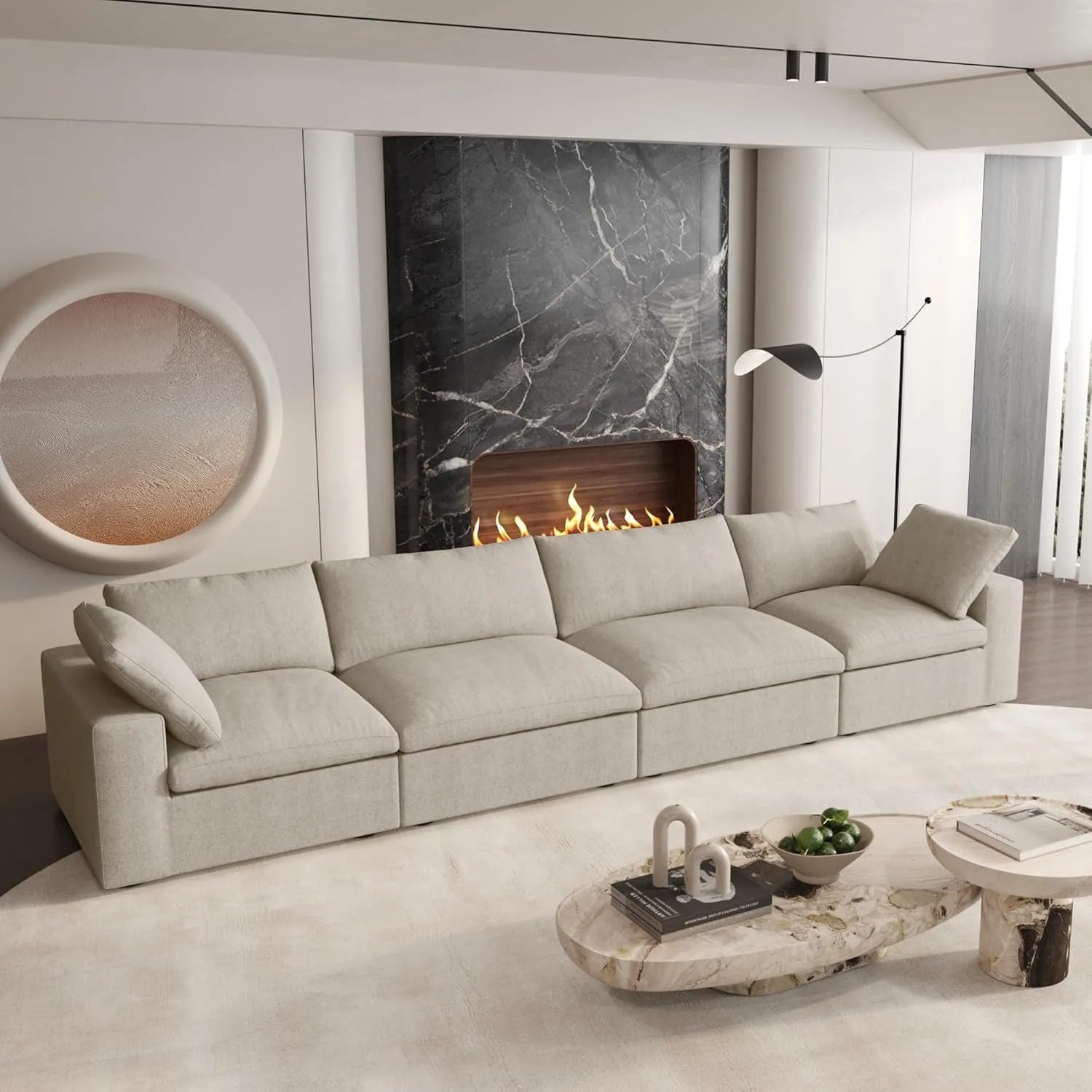 Khaki Linen Blend Modular Rectangular Four Piece Sectional