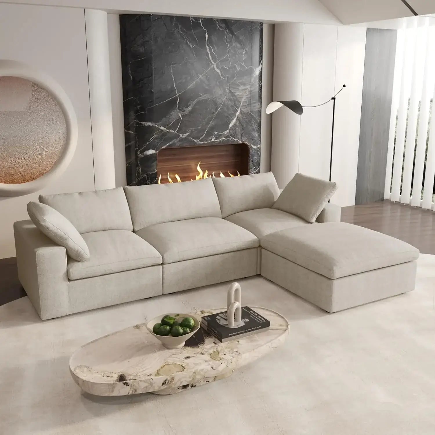 Khaki Linen Blend Modular L Shaped Four Piece Corner Sectional