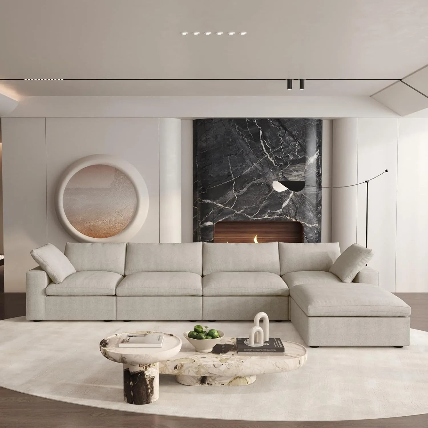 Khaki Linen Blend Modular L Shaped Five Piece Corner Sectional