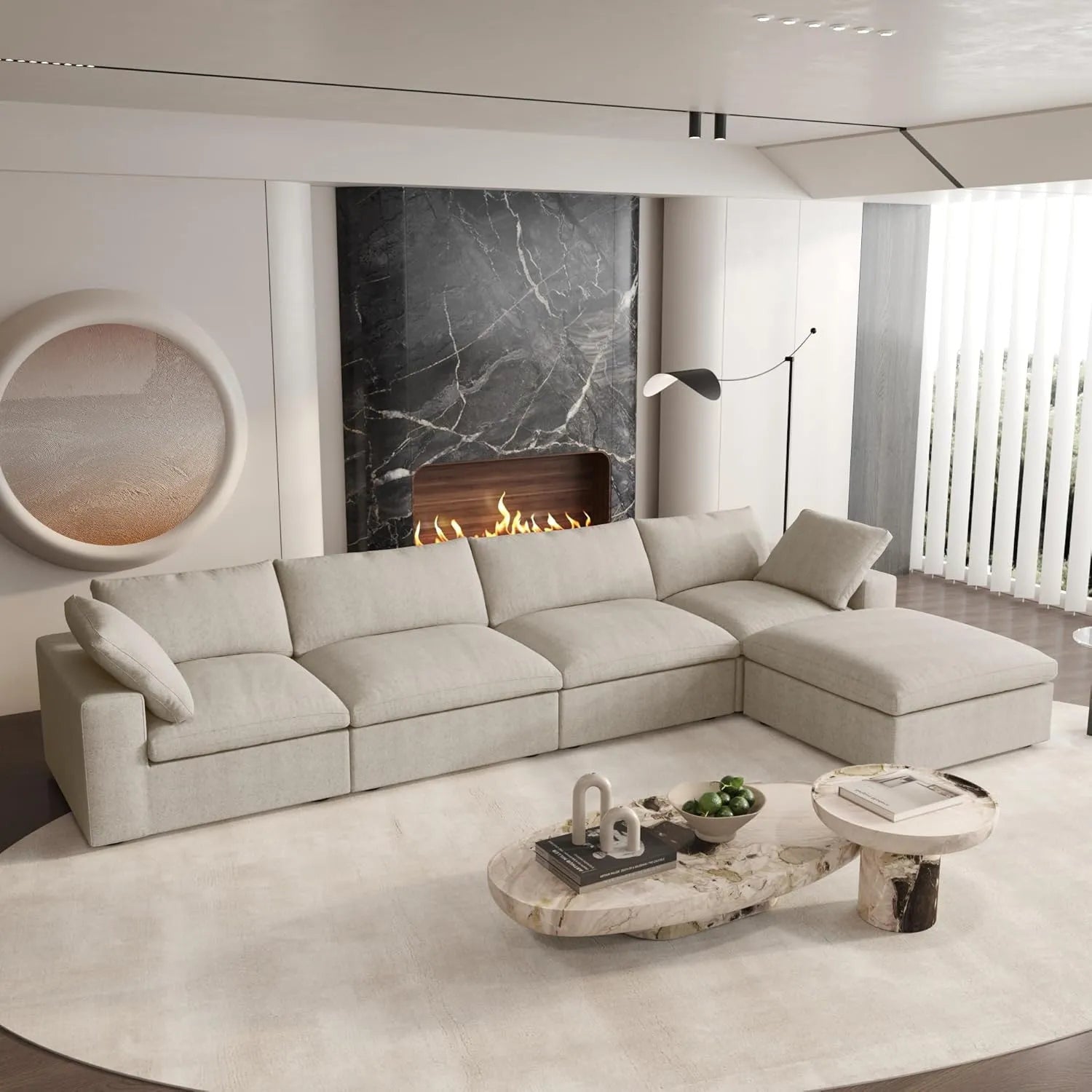 Khaki Linen Blend Modular L Shaped Five Piece Corner Sectional