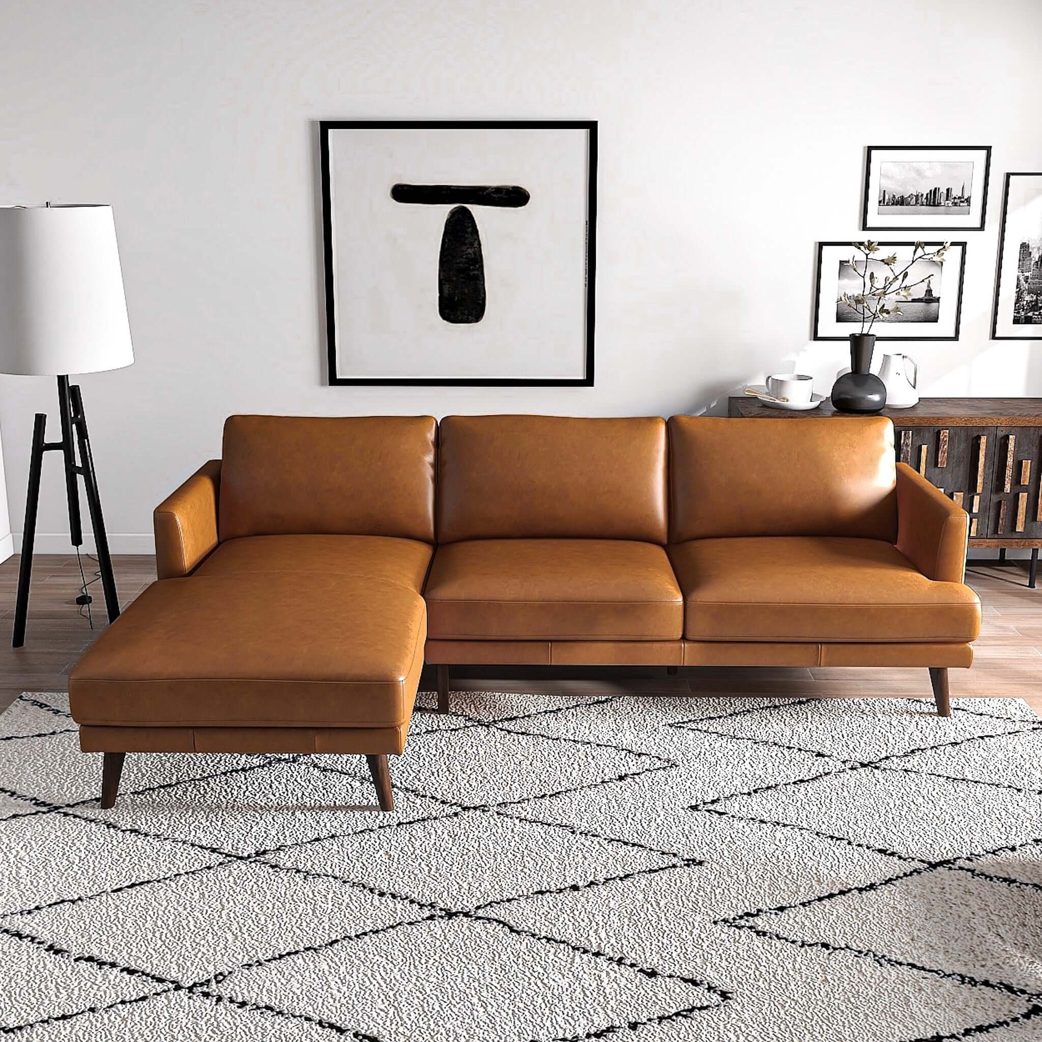 Lore  L-Shaped Genuine Leather Sectional In Tan
