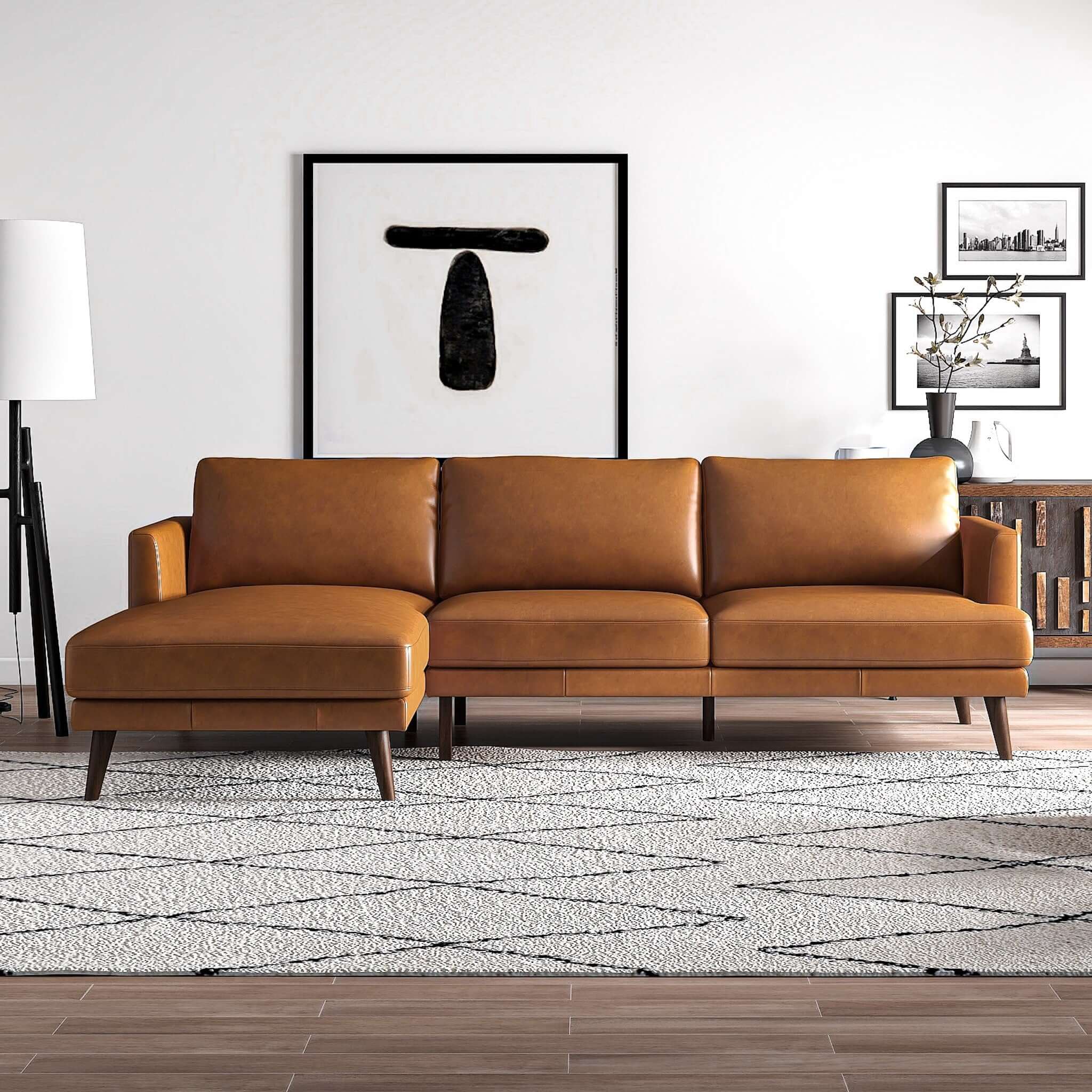 Lore  L-Shaped Genuine Leather Sectional In Tan