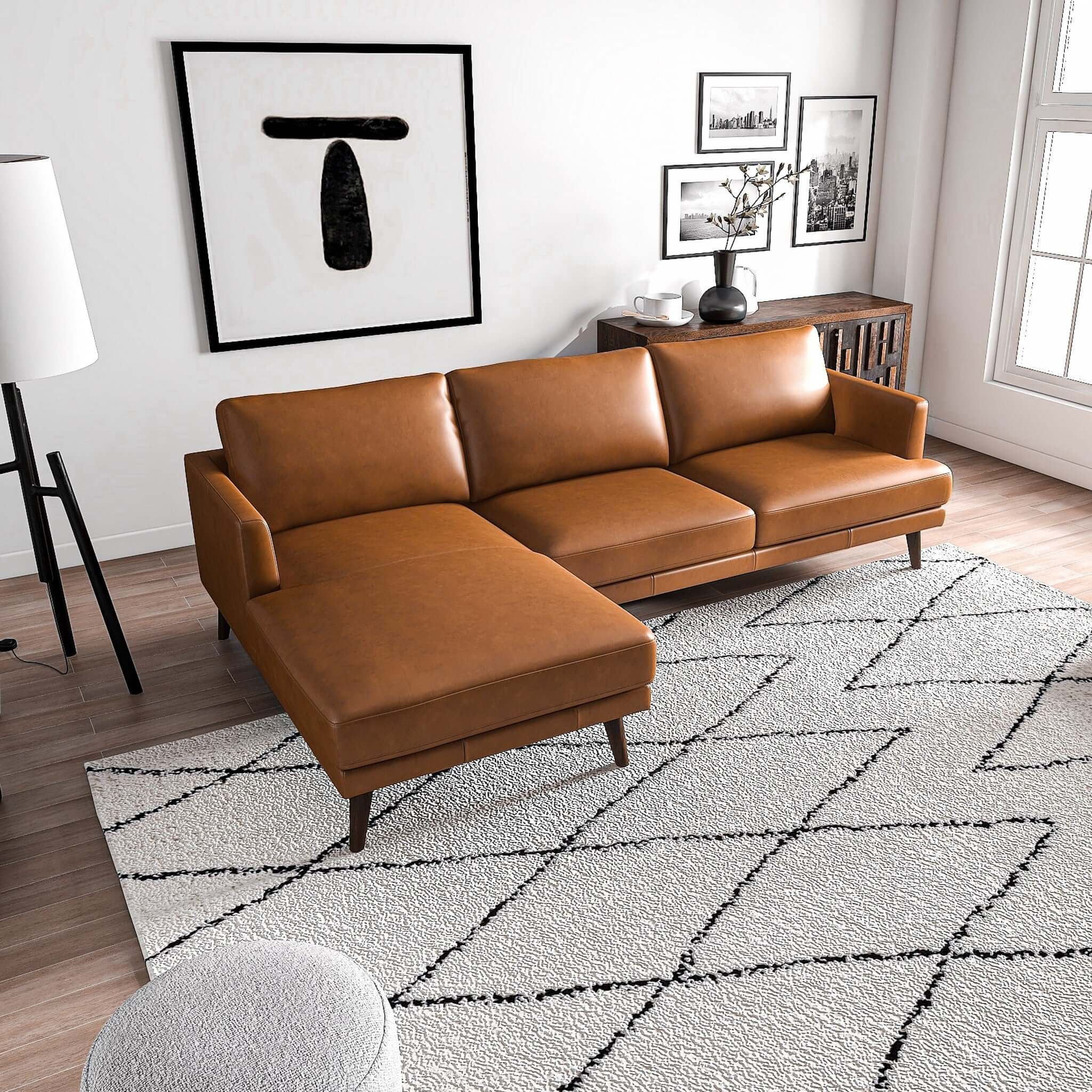 Lore  L-Shaped Genuine Leather Sectional In Tan