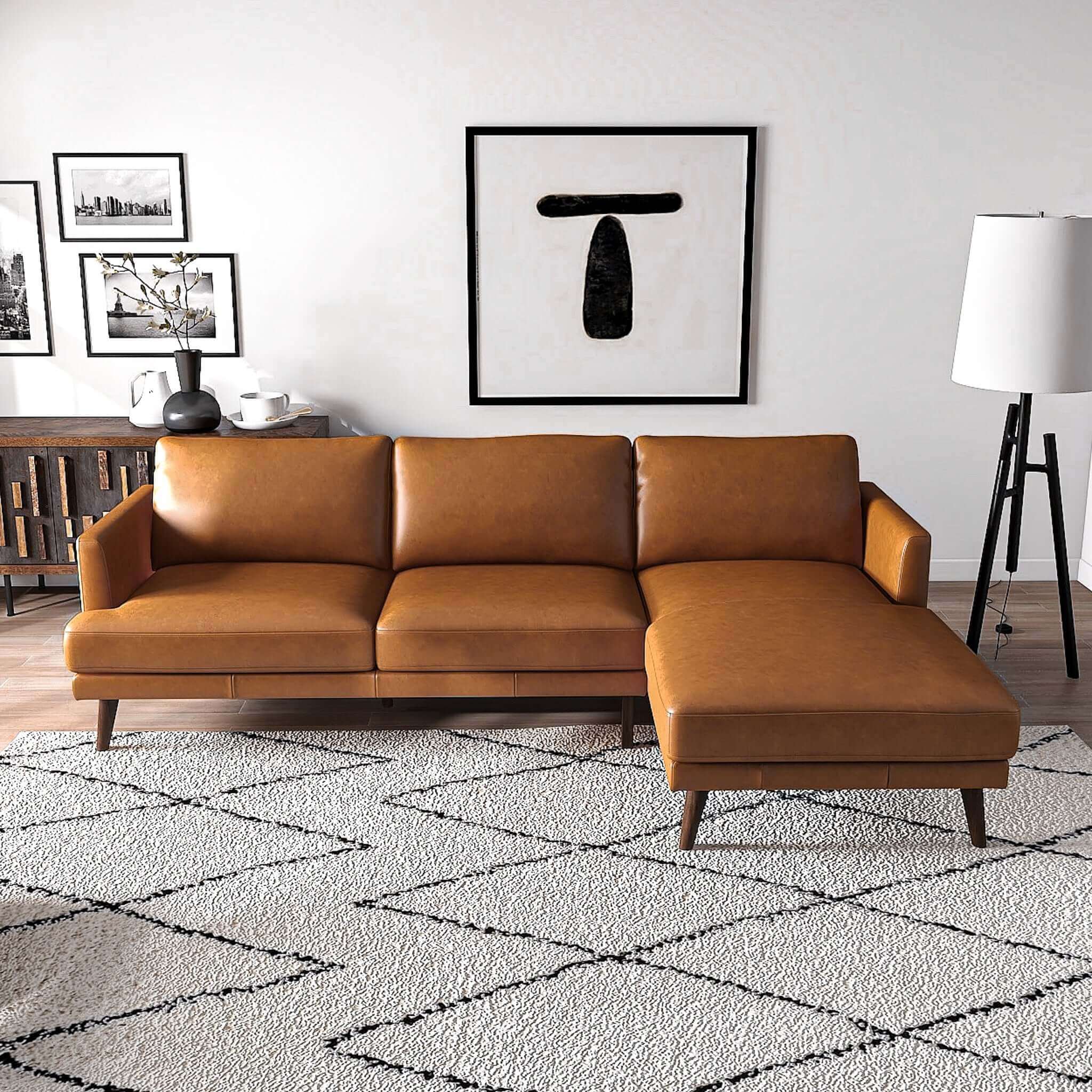 Lore  L-Shaped Genuine Leather Sectional In Tan