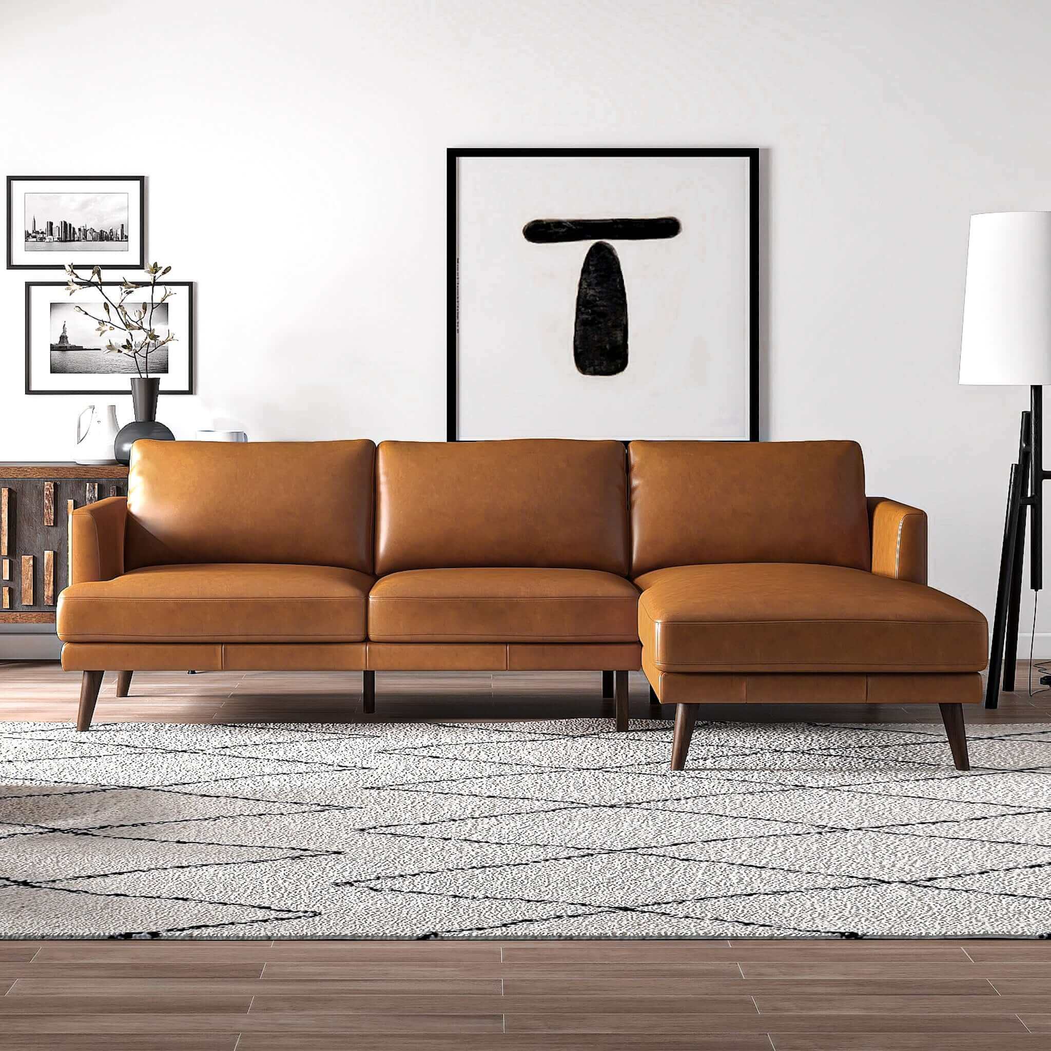 Lore  L-Shaped Genuine Leather Sectional In Tan