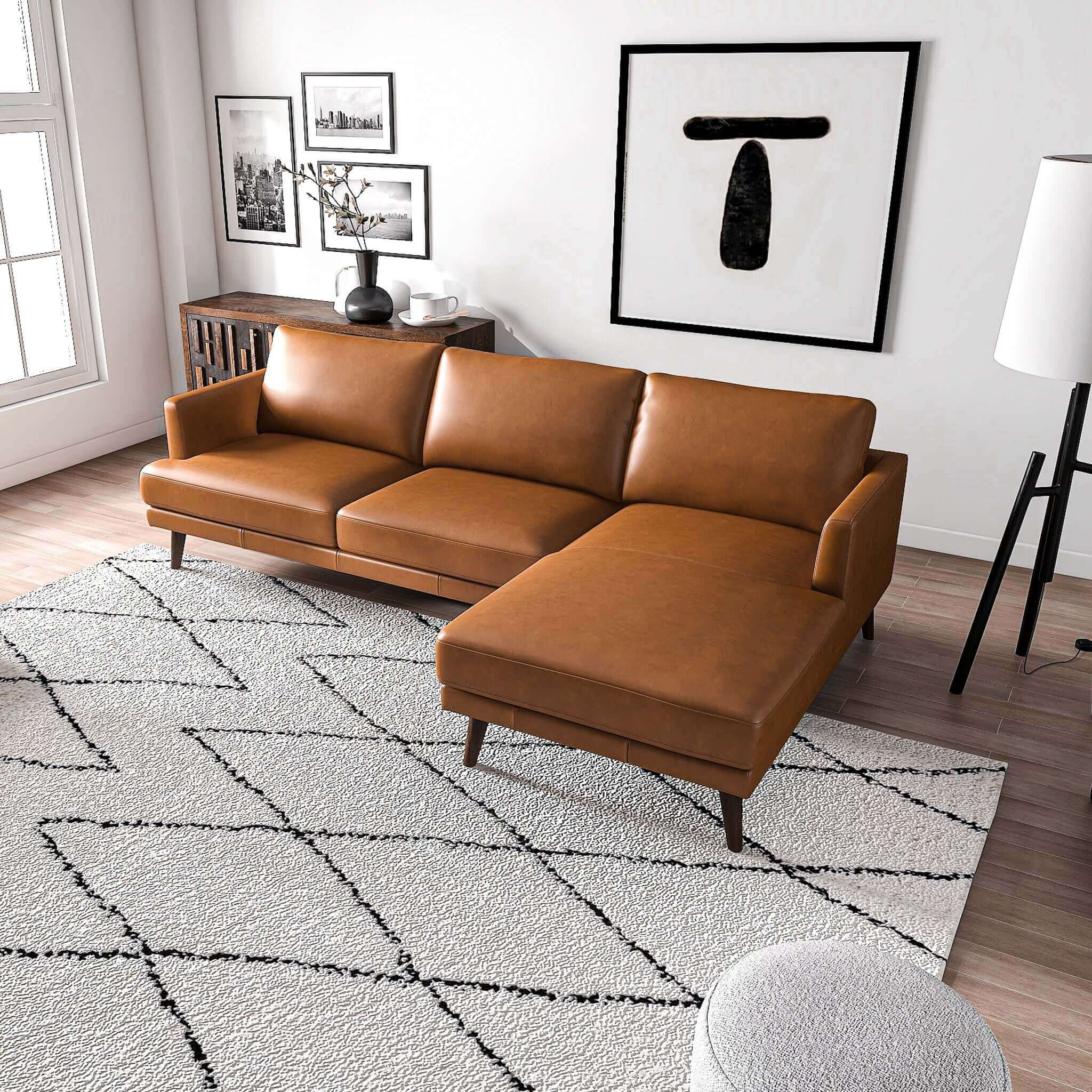 Lore  L-Shaped Genuine Leather Sectional In Tan