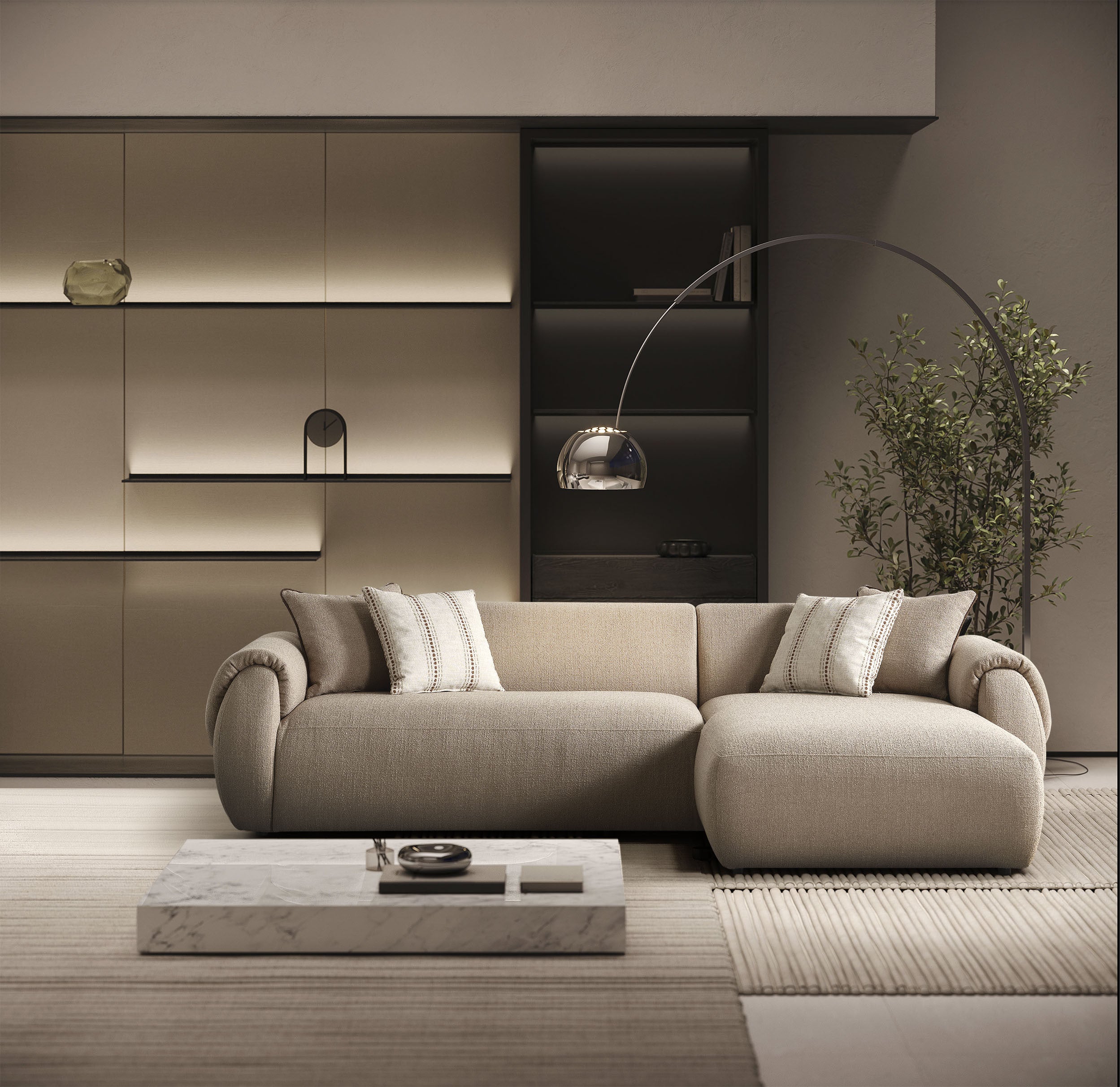 Taupe Boucle L Shaped Two Piece Sofa and Chaise Sectional With Toss Pillows