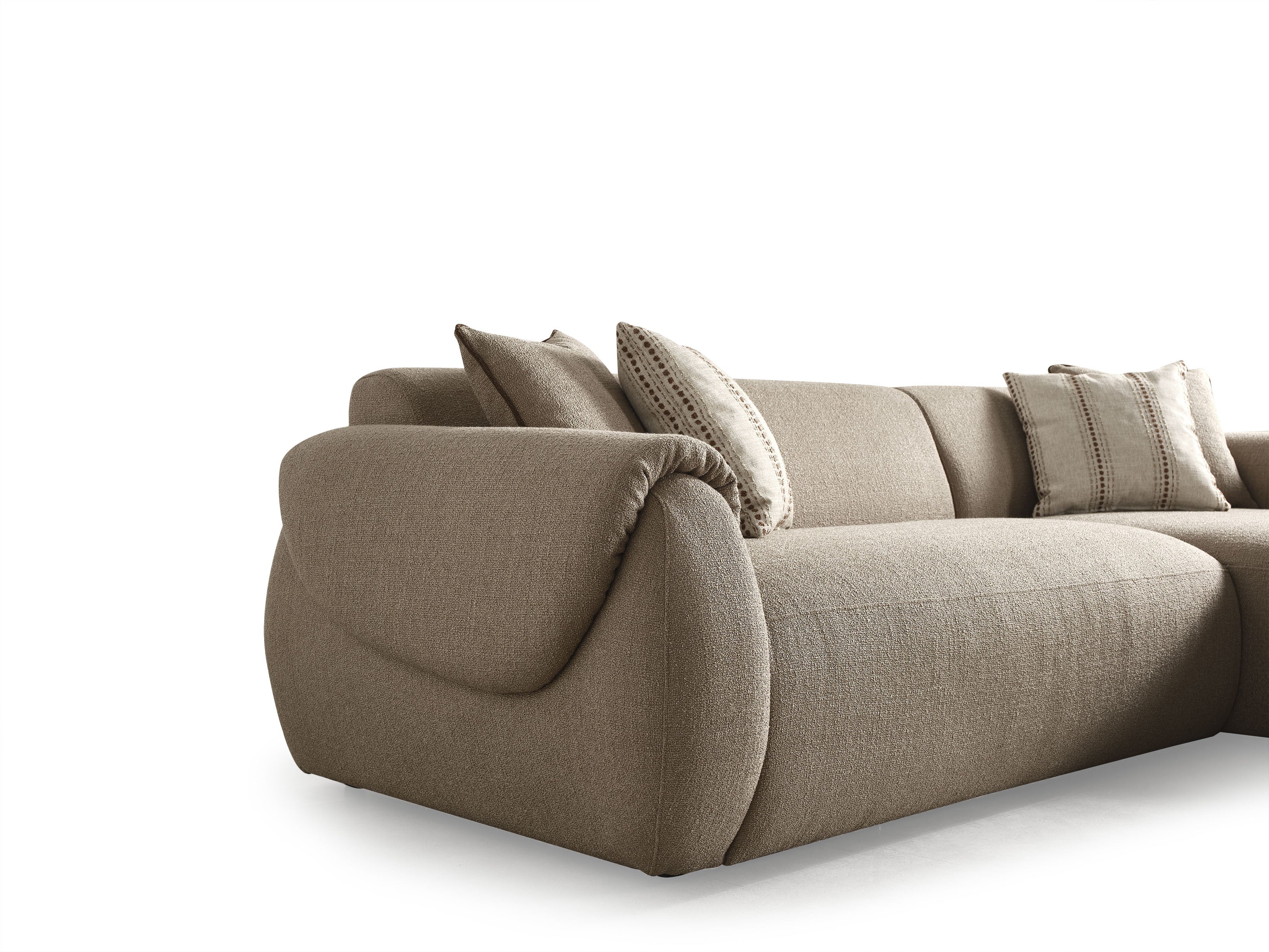 Taupe Boucle L Shaped Two Piece Sofa and Chaise Sectional With Toss Pillows