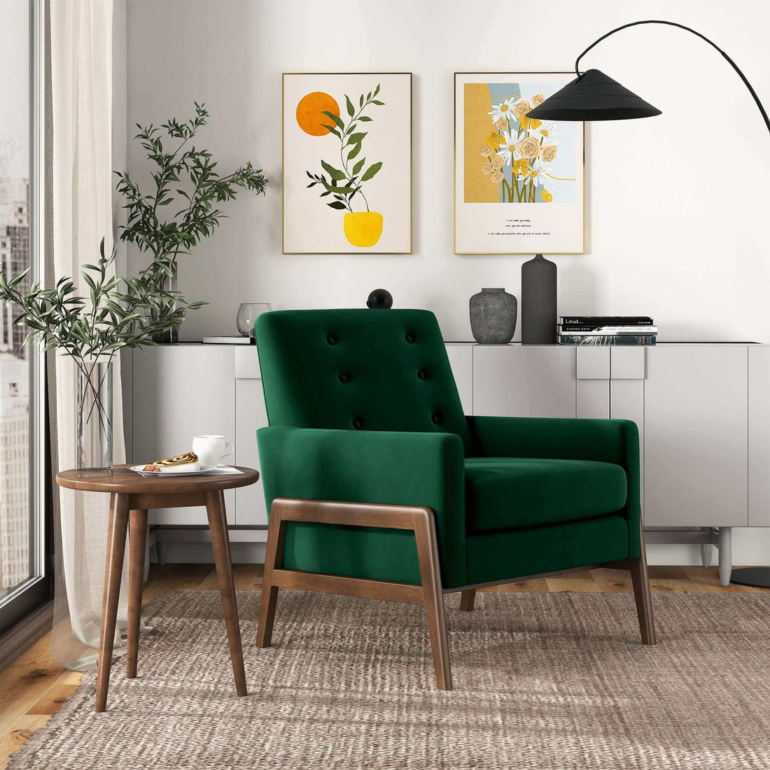 Cole Solid Wood Green Velvet Lounge Chair