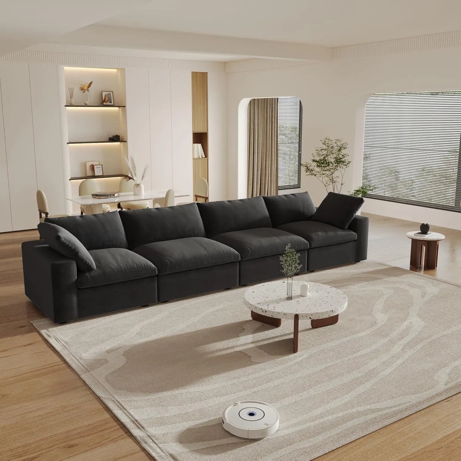 Black Linen Blend Modular Rectangular Four Piece Corner Sectional