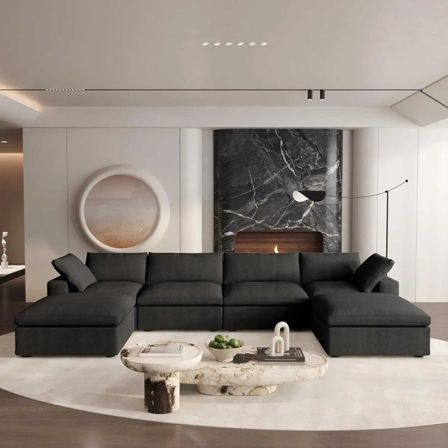 Black Linen Blend Modular U Shaped Six Piece Corner Sectional