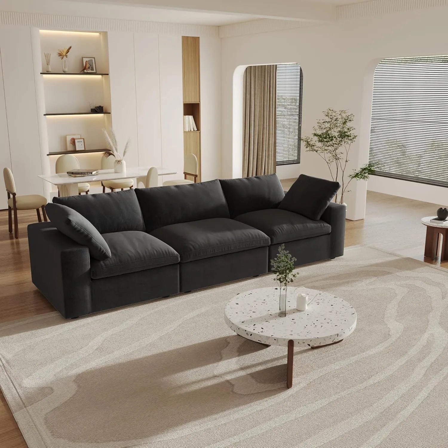 Black Linen Blend Modular Rectangular Three Piece Corner Sectional