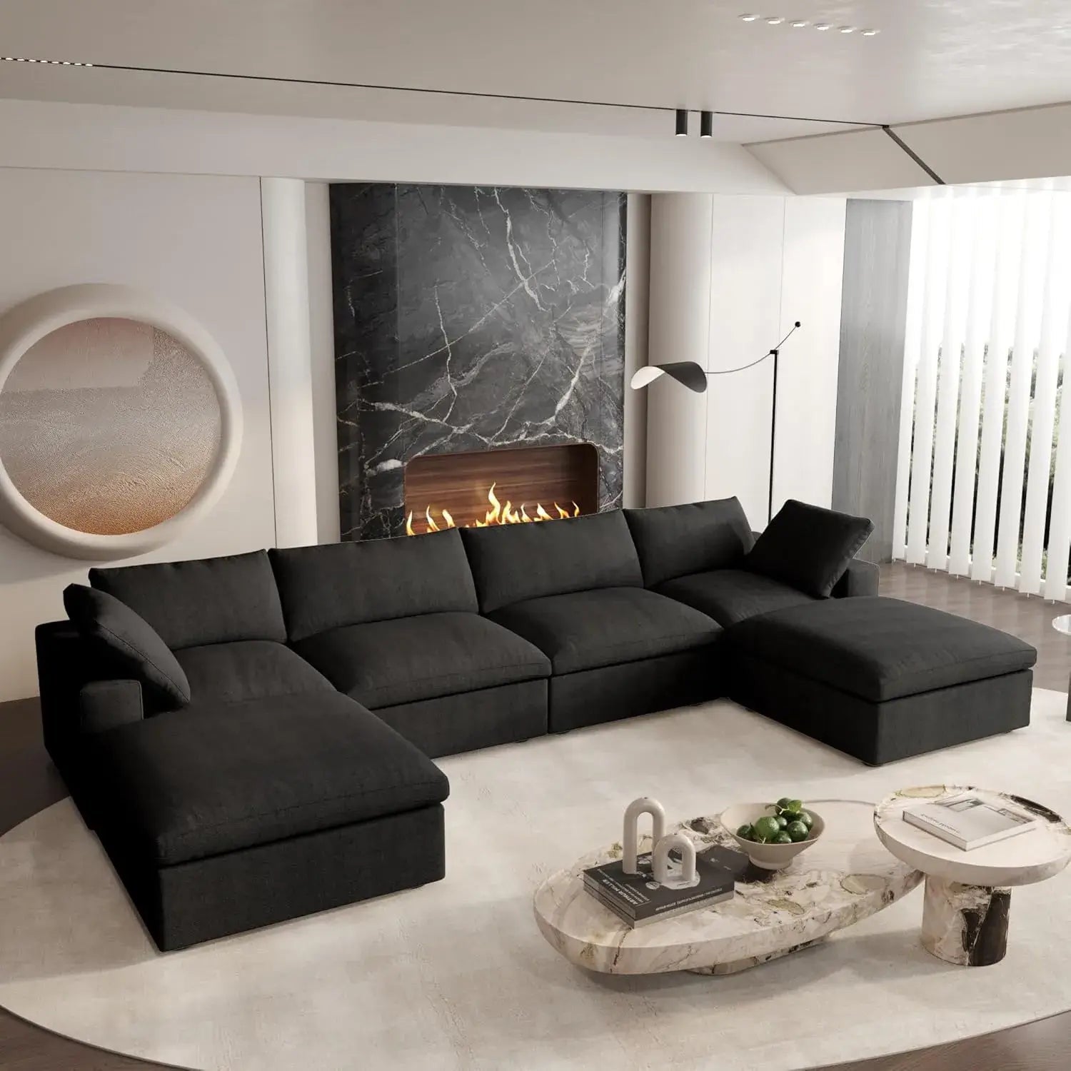 Black Linen Blend Modular U Shaped Six Piece Corner Sectional