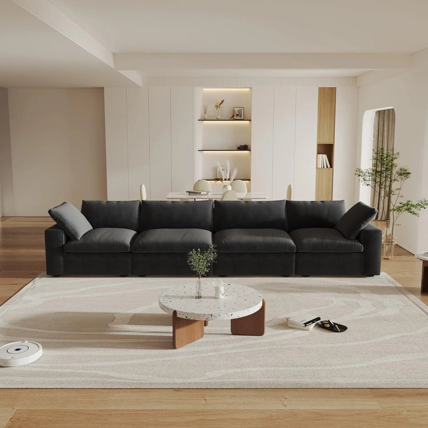 Black Linen Blend Modular Rectangular Four Piece Corner Sectional
