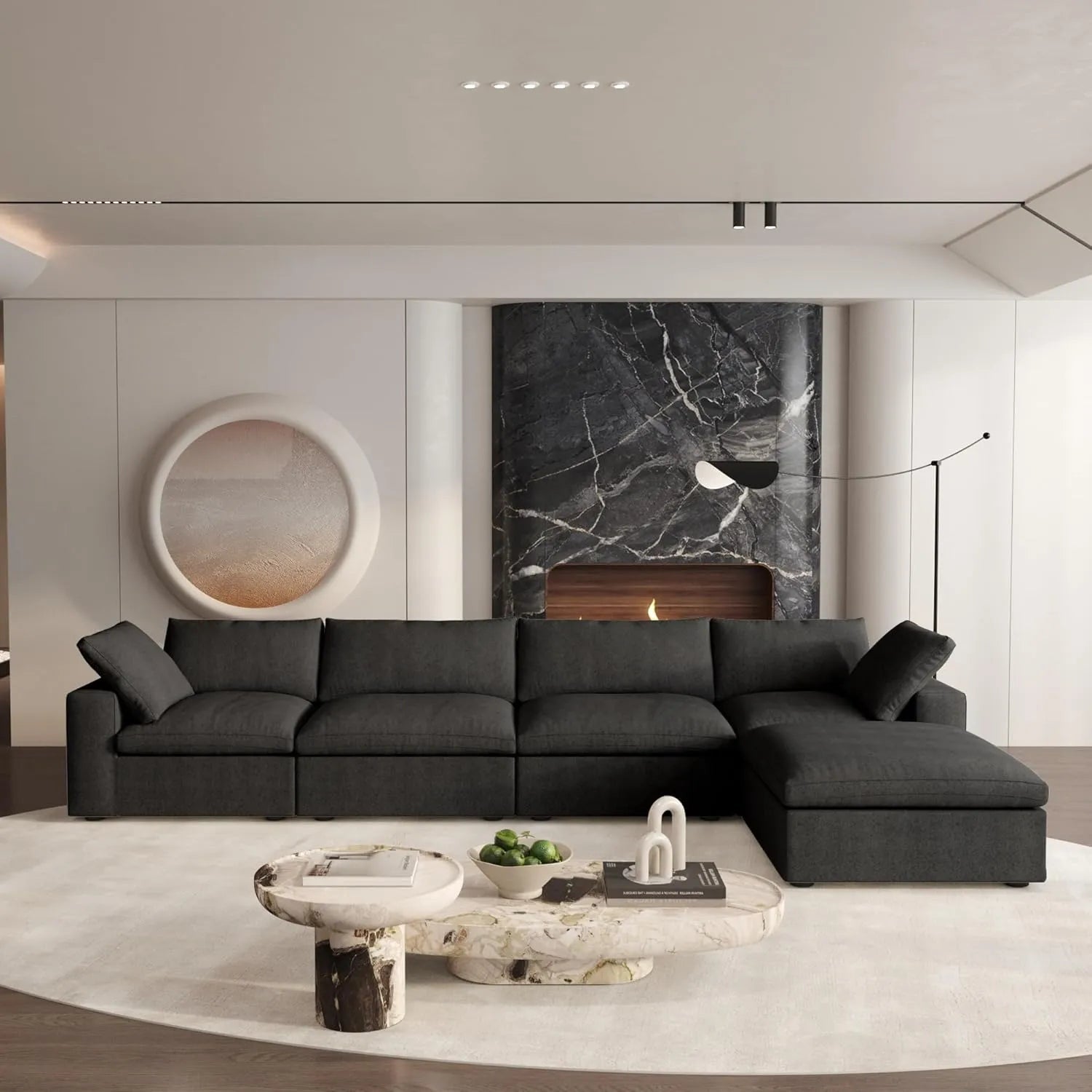 Black Linen Blend Modular L Shaped Five Piece Corner Sectional