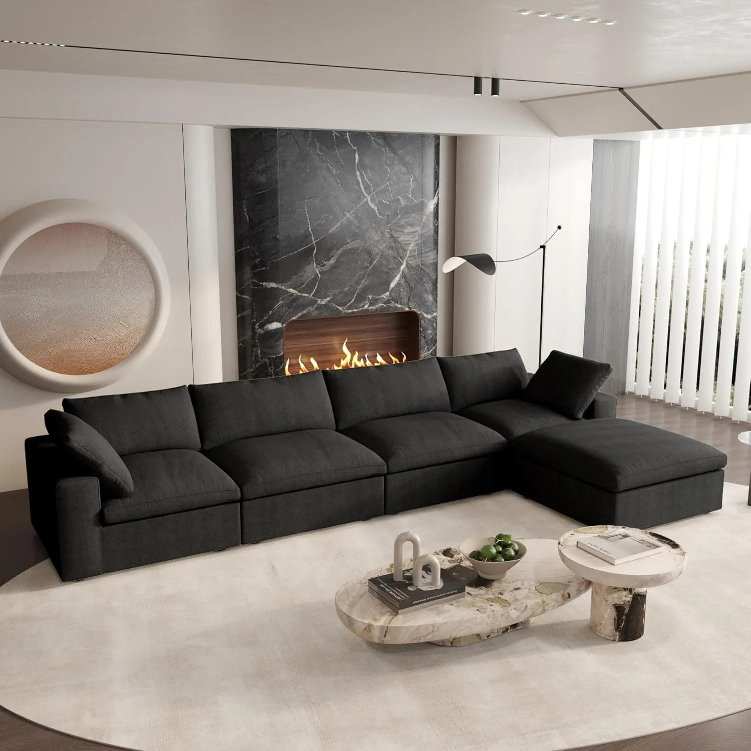 Black Linen Blend Modular L Shaped Five Piece Corner Sectional