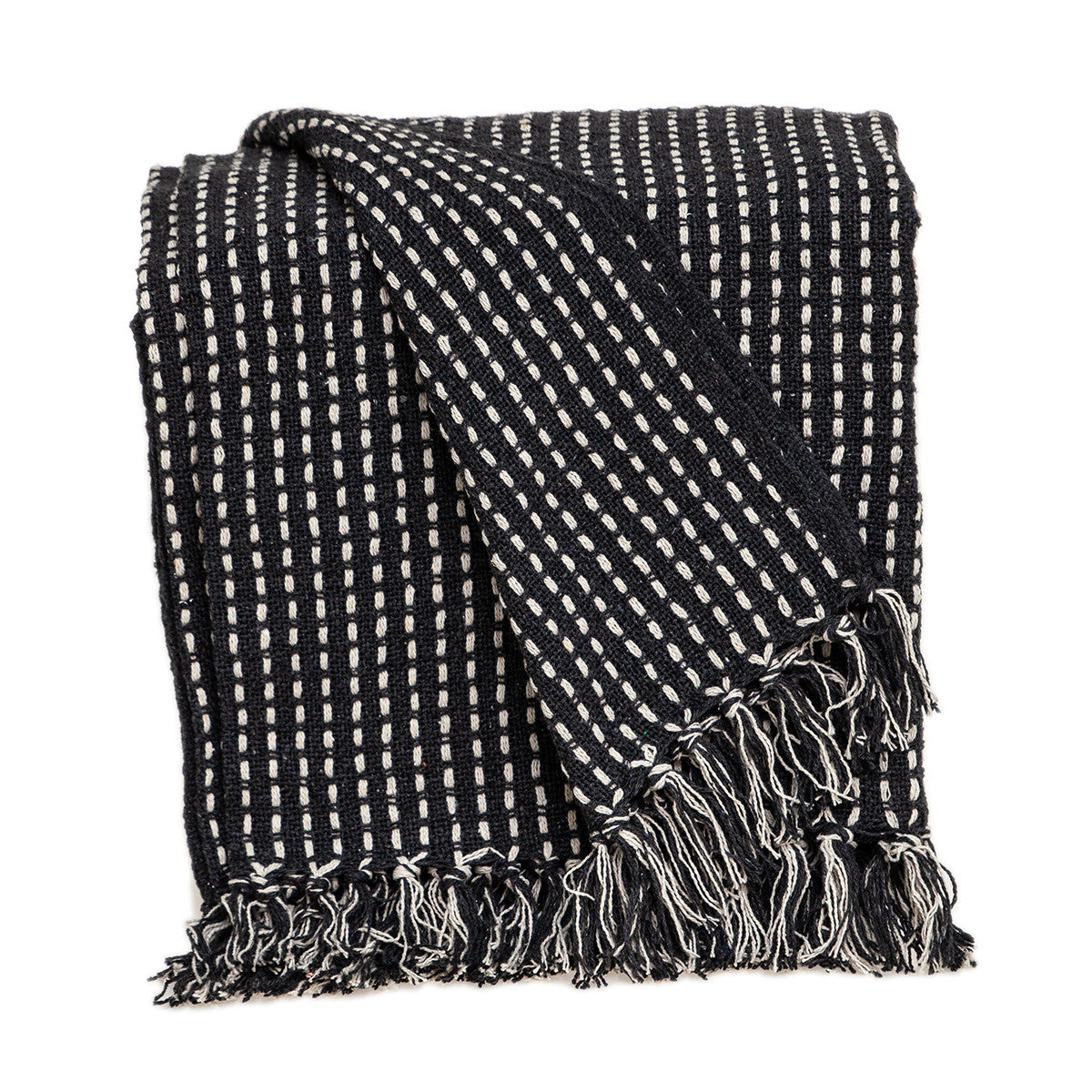 Black and White Woven Cotton Striped Throw Blanket with Tassels