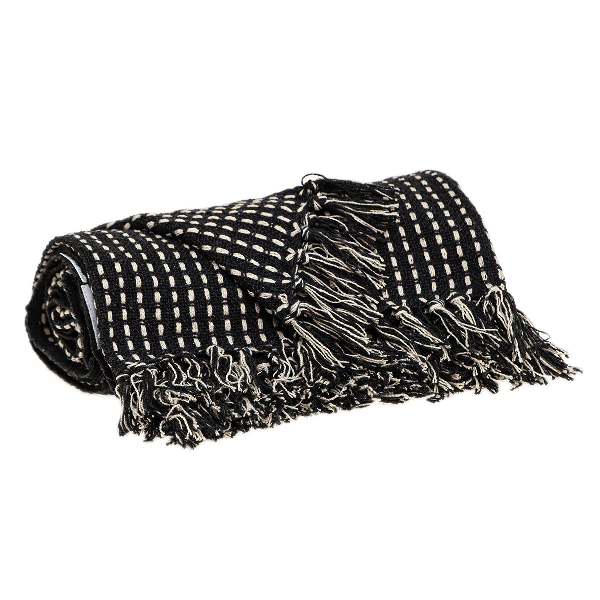 Black and White Woven Cotton Striped Throw Blanket with Tassels