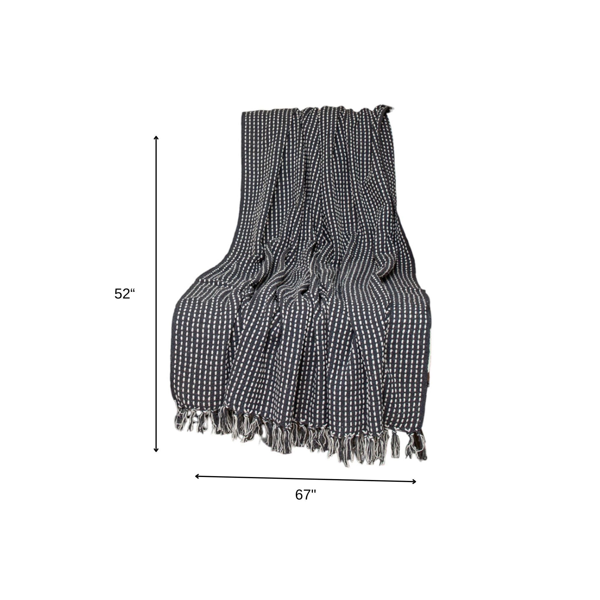 Black and White Woven Cotton Striped Throw Blanket with Tassels