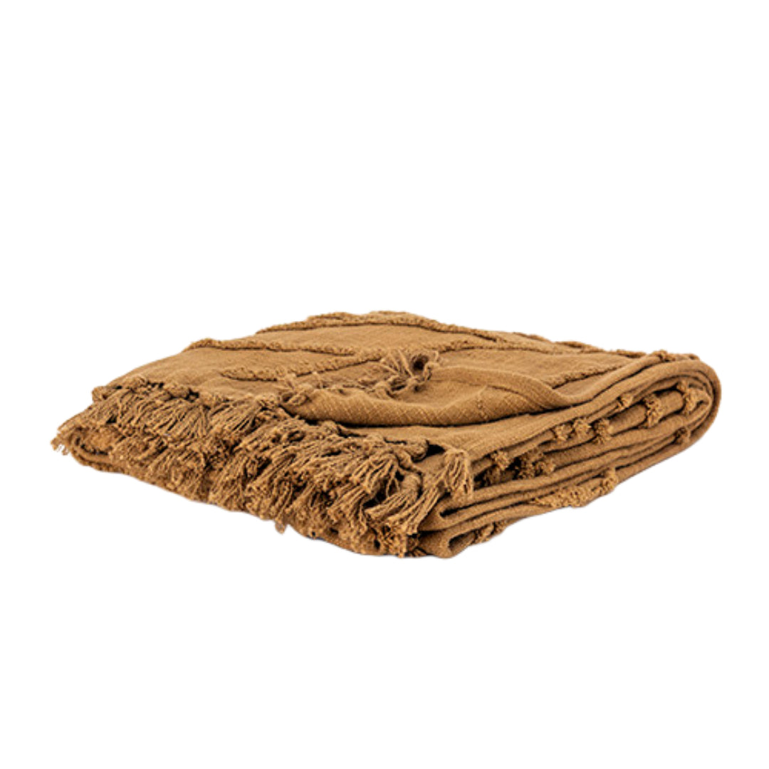 Camel Cotton Floral Throw Blanket with Tassels And Fringe