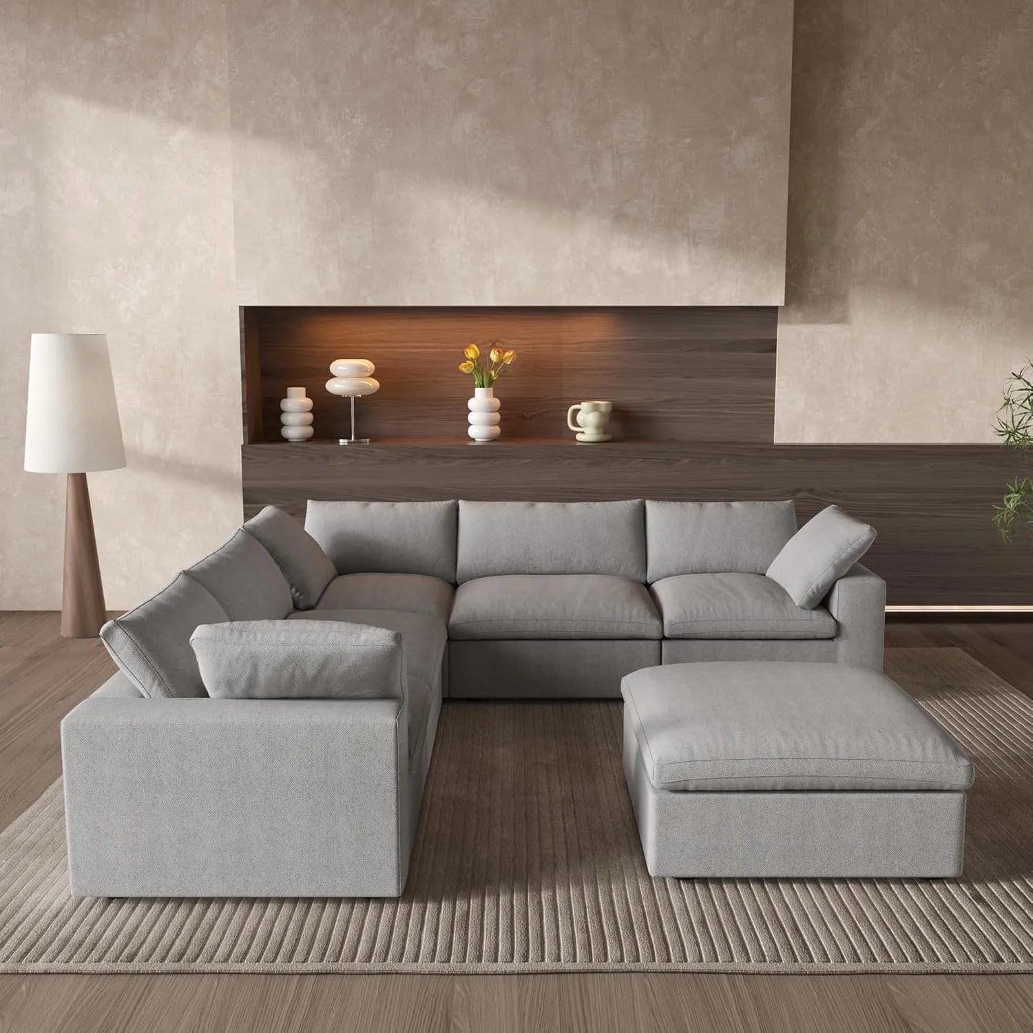 Light Gray Linen Blend Modular L Shaped Six Piece Corner Sectional