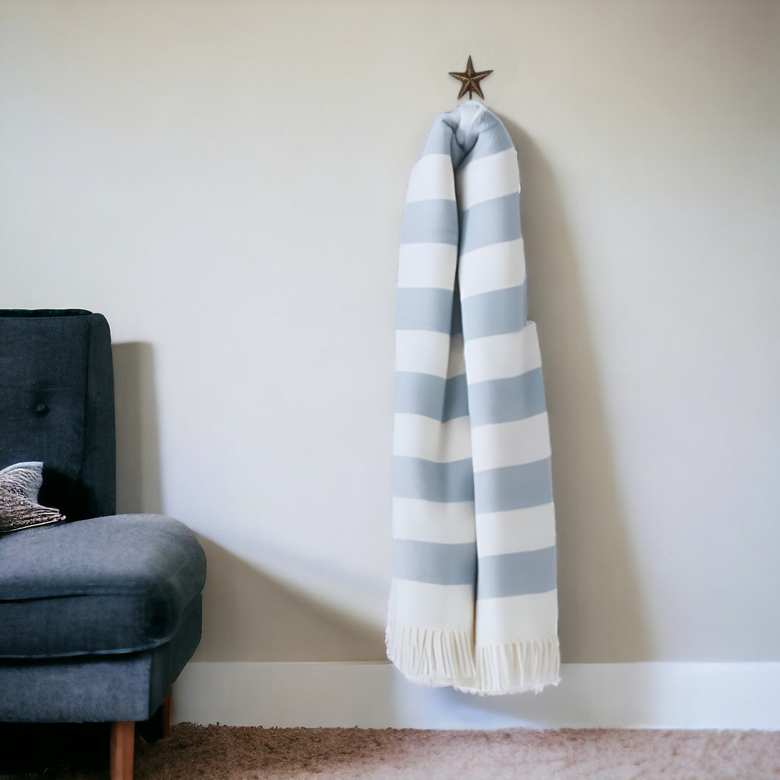 Cream and Gray Slanted Stripe Fringed Throw Blanket