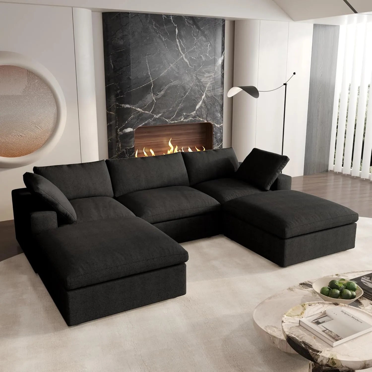 Black Linen Blend Modular U Shaped Five Piece Corner Sectional