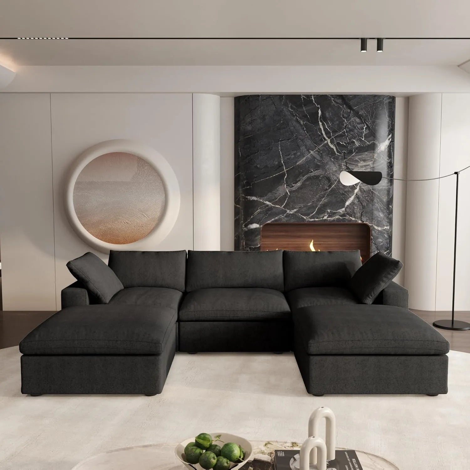 Black Linen Blend Modular U Shaped Five Piece Corner Sectional