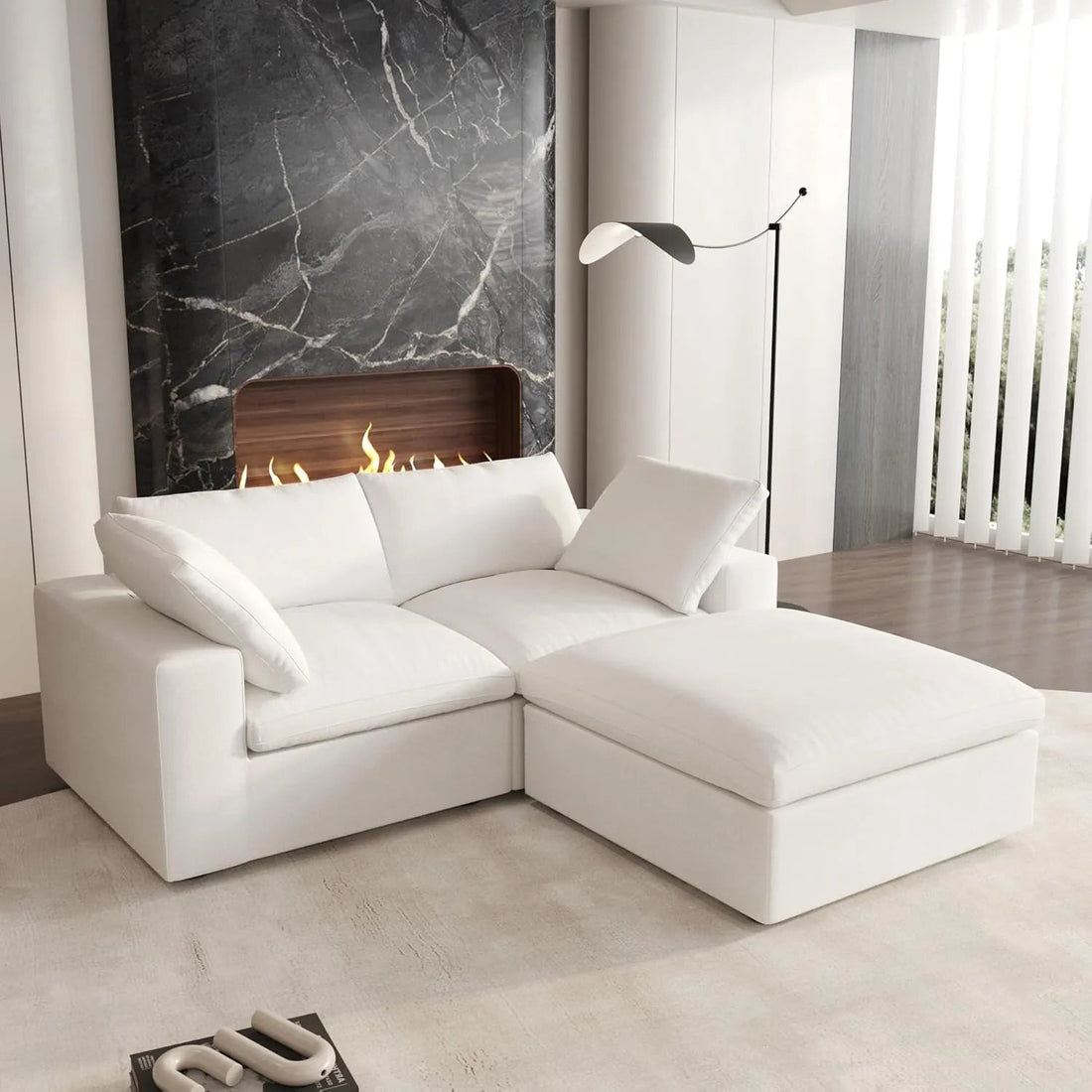 White Linen Blend Modular L Shaped Three Piece Corner Sectional