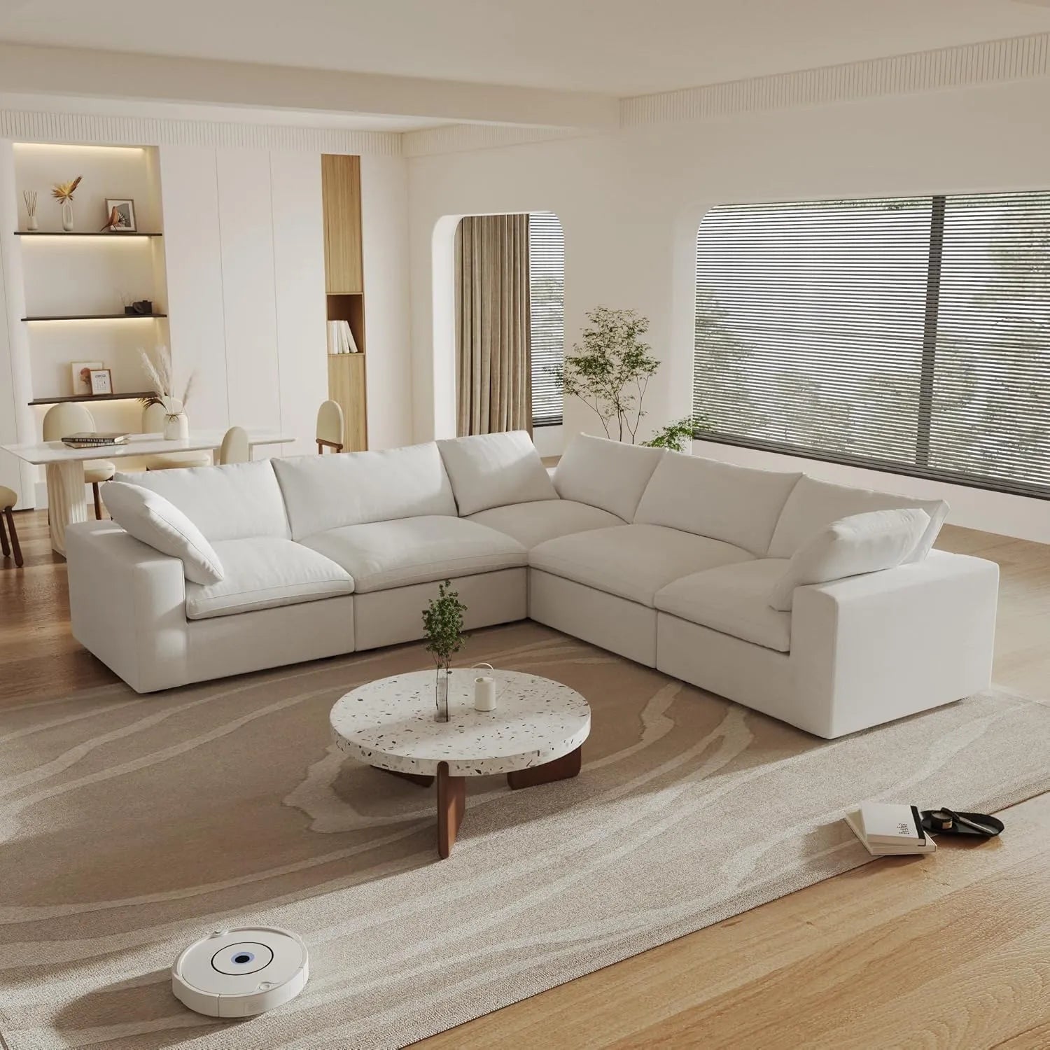 White Linen Blend Modular L Shaped Five Piece Corner Sectional