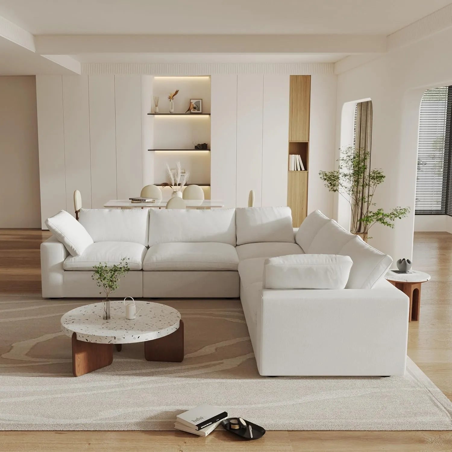 White Linen Blend Modular L Shaped Five Piece Corner Sectional