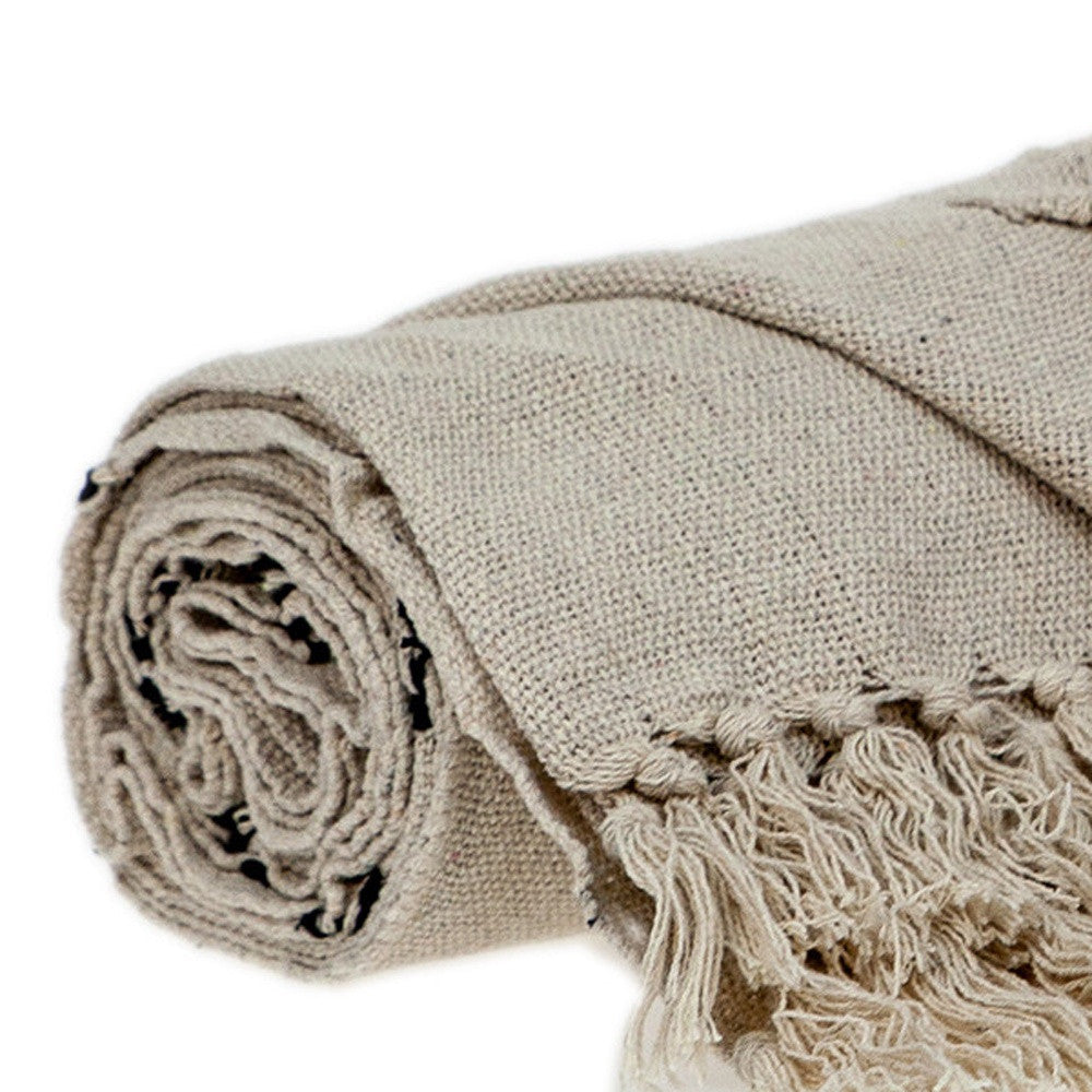Beige and Black Woven Cotton Striped Throw Blanket with Tassels